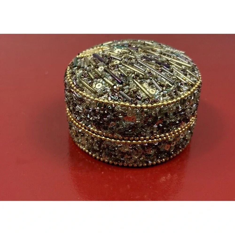 Sequin Covered Metal Trinket Box Black‎ Felt Linning